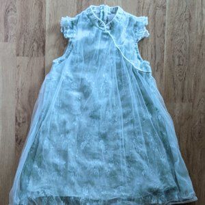 Girl 6 7 8 Green Blue Cap Sleeve Lace Mesh Dress Asian Style Lined